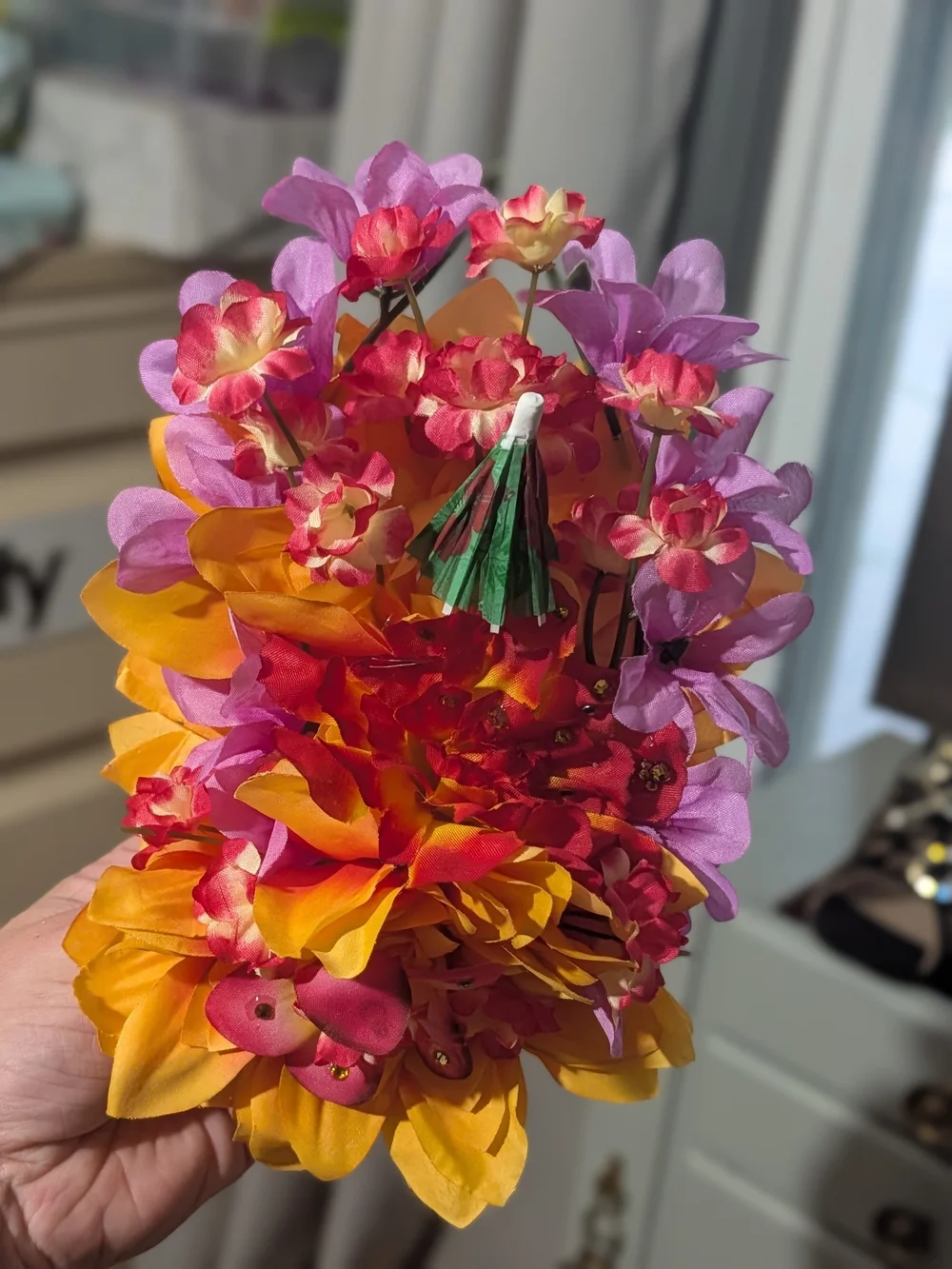Handcrafted Tropical Floral Hair Clip  in Orange, Purple & Red